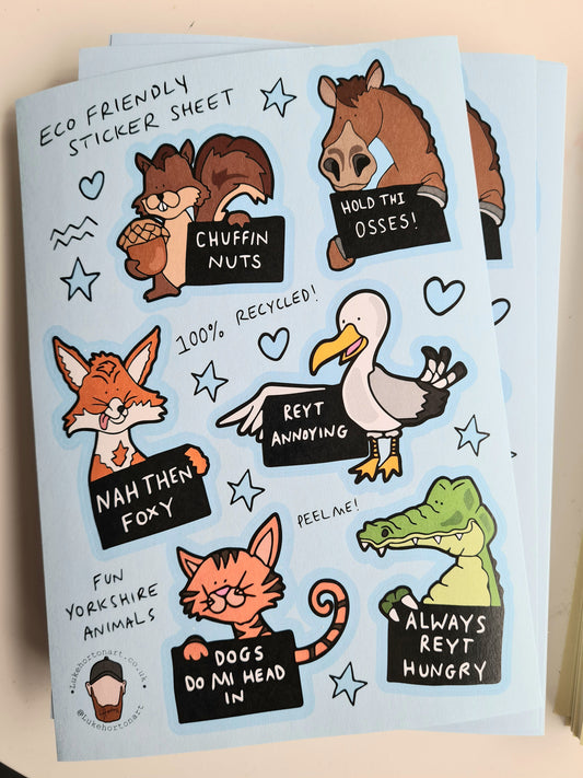 Yorkshire Animals Sticker Sheet - Yorkshire Slang Stickers - Luke Horton